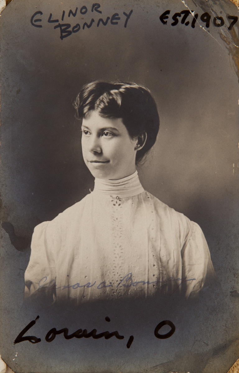 1907, "Elinor Bonney, est 1907, Lorain, O", [back shows it is a postcard]