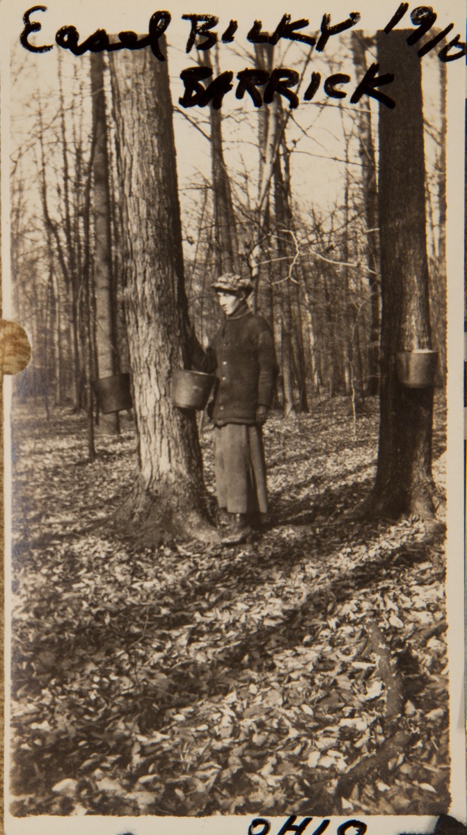 1910, "Easel Bilky Barrick, 1910, Ohio", [label on back]: "Easel Bilkey Barrick on farm at sugar bush, gathering maple sap"