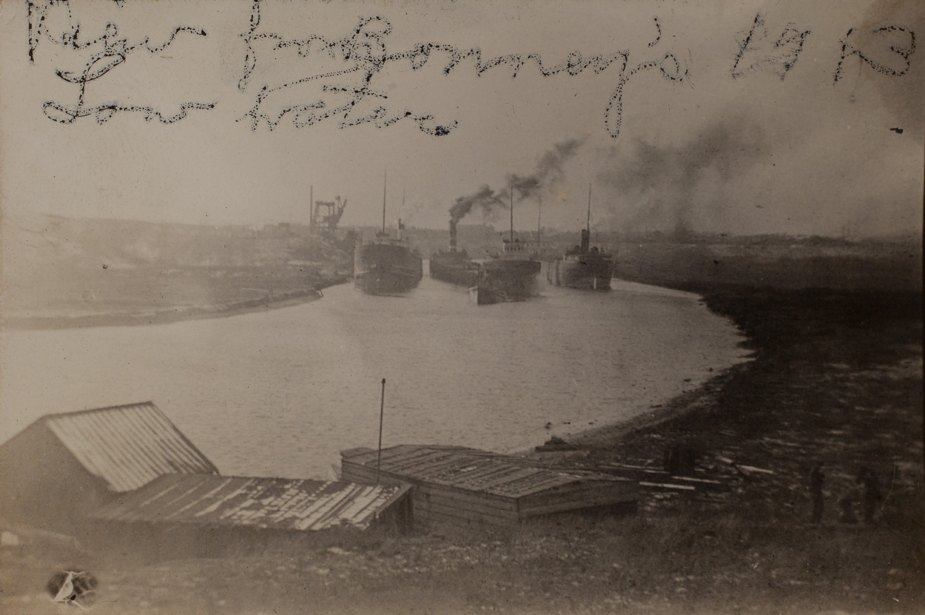 1913 "View from Bonney's 1913 Low Water" labeled by Nellie B Bonney with 3 people and 4 ship liners spewing smoke.