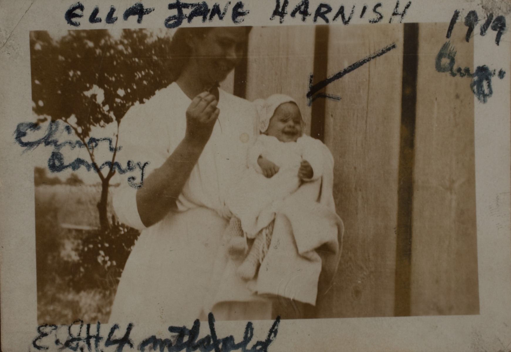 1919 "Ella Jane Harnish 1919 Aug. (held by) Elinor Bonney  E.J.H. 4 mths old " labeled by Nellie Bonney (Harnish) and son John Harnish.
