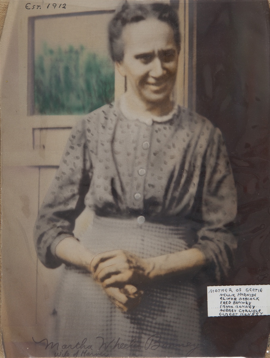 1912, "Martha Wheeler Bonney, wife of Harvey; mother of Gertie, Nellie Harnish, Elenor Babcock, Audrey Carlisle, Elbert Bonney