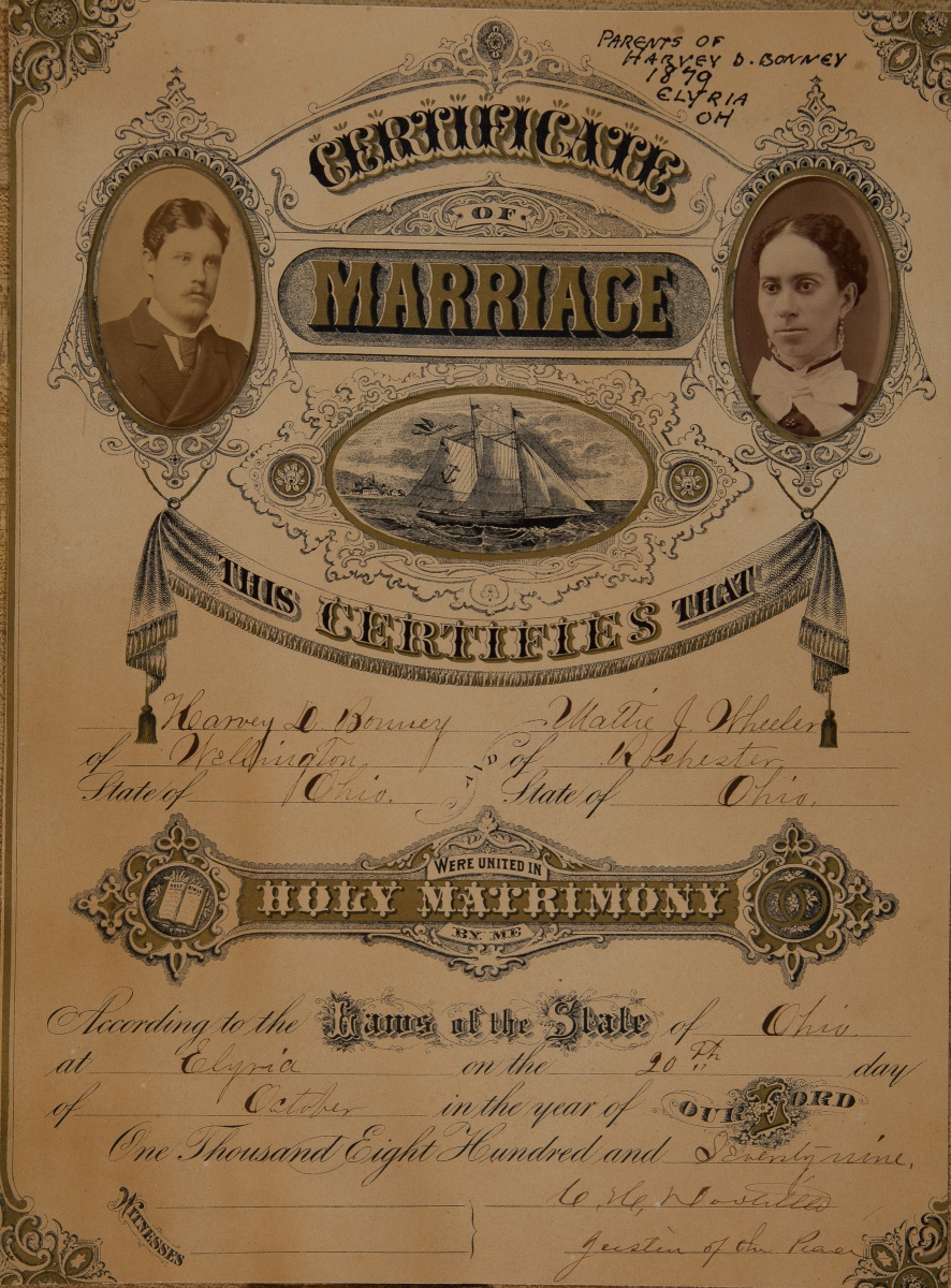 1879, repeat of marriage certificate Harvey D Bonney and Mattie J Wheeler