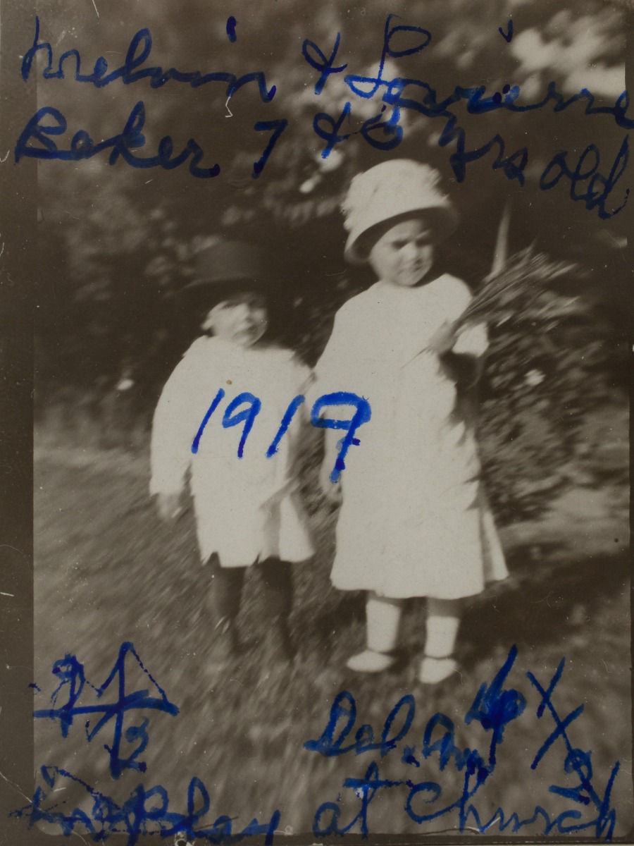 1919 "Melvin and Lorraine Baker 7 & 0 yrs old in play at Del Ave Church" labeled by Nellie Bonney  see back of photo label that play was about Tom Thumb.